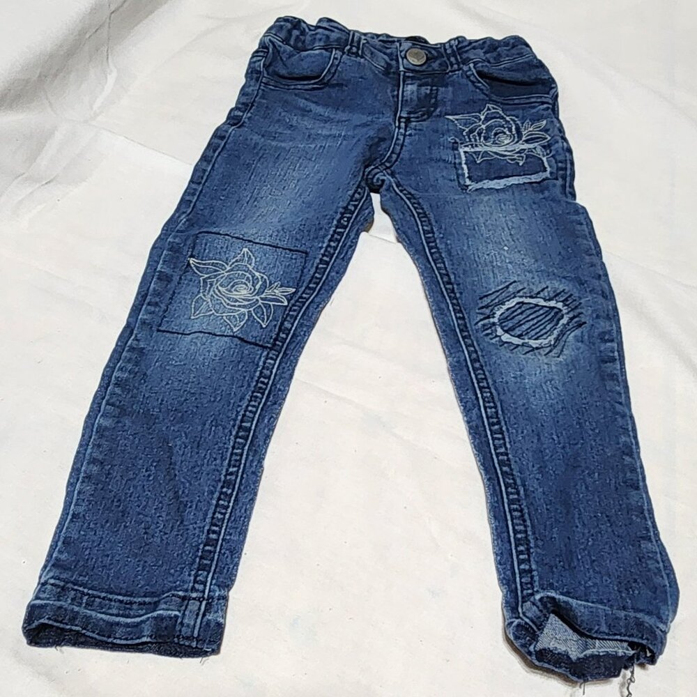 Koala Kids Girls Embroidered Jeans – Size 3T – Floral Patchwork & Distressed Det